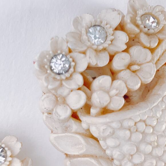 Vintage 1950s Rhinestone Flower Basket Clip Earrings Mid Century Celluloid Resin - Picture 4 of 9